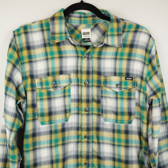 Volcom Workwear Men's Shirt Green Yellow Black Gray Plaid Size Small - Picture 2 of 9